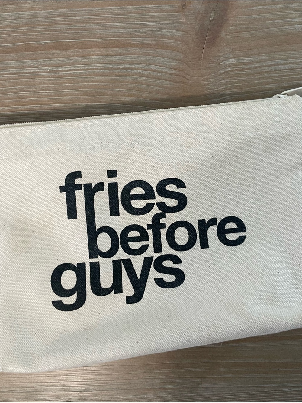 Dogeared Cream Canvas Makeup Pouch with Black 'fries before guys' Print